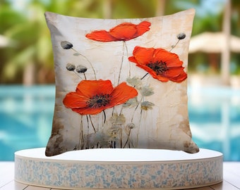 Housse De Coussin Décorative 45x45 Cm – Motif Coquelicots Blanc/rouge – Fermeture éclair