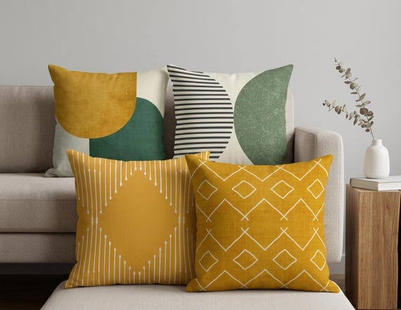 Moderne Mid Century Deko-Kissenhülle, senfgelb und tannengrün Kissenbezug