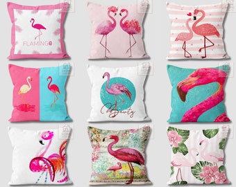 Flamingo Print Kissenbezug, Rosa Kissenbezüge, Tropischer Kissenbezug, Rosa Blumenkissen, Flamingo Außenkissen, Rosa Blau Sofa Design
