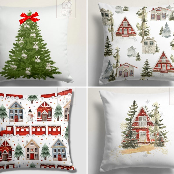 Winter House Print Throw Pillow Cover, Snow Decorative Cushion Case, Farmhouse Pillow Case, New Year Tree Pillowcase, Xmas Gift, Home Deco