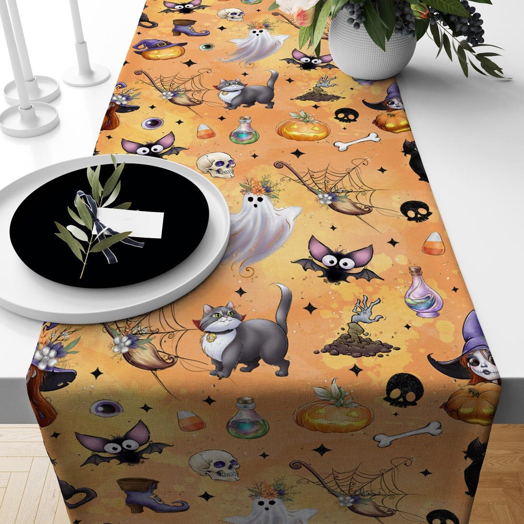 Halloween Table Runner - Pumpkin Witch Cat Design Fall Kitchen Decor