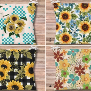 Sunflowers Puffy Cushion Pads, Farmhouse Outdoor Chair Cushion, Country Chair Pads, Cottage Bench Cushion, Yellow Floral Seat Cushions Gifts