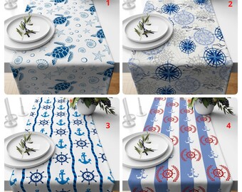 Sea Turtle Table Runner, Anchor Design Runner, Starfish Table Top, Compass Table Cover, Wheel Dining Decor, Rectangle Tablecloth, Home Gift