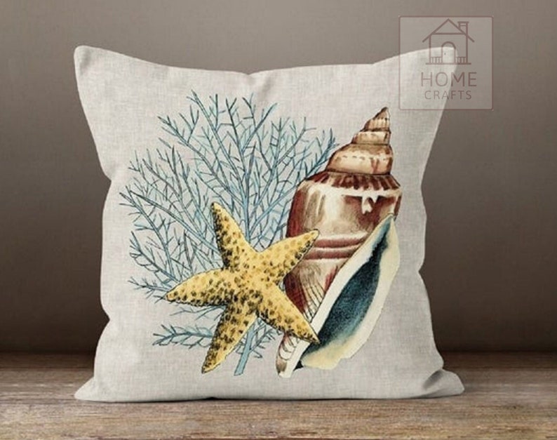 Oyster Throw Pillow Case, Coral Pillow Cover, Starfish Outdoor Cushion, Beach House Pillow Sham, Sea Shell Cushion Cover 18x18, 20x20, 24x24 Pattern #4