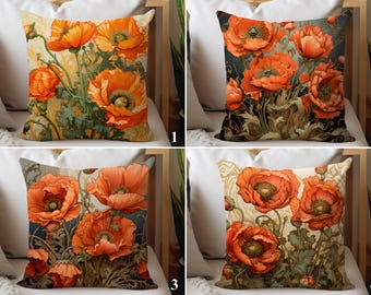 Art Nouveau Poppy Pillow Covers, Orange Floral Vintage Prints