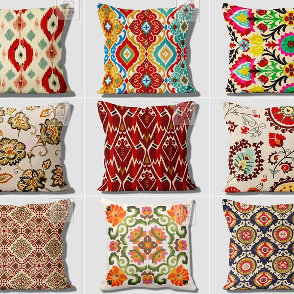 Housse de coussin motif carreaux colorés, dessus de coussin motif traditionnel, housse de coussin fleurs ethniques, taie d'oreiller médaillon multicolore