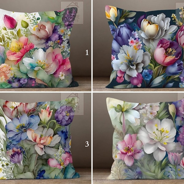 Watercolor Flowers Pillow Cover, Spring Floral Pillow Sham, Colorful Decorative Sofa Pillowcase, Peony Flower Design Cushion Case, Home Deco