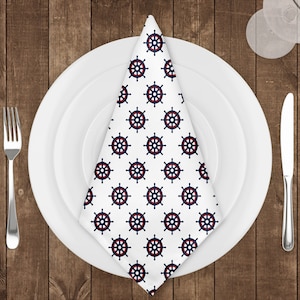 Nautical Napkin, Rudder Pattern Napkin, White Napkin, Coastal Napkin, Nautical Table Decor, Modern Dinner Table Accessories, Cloth Napkin