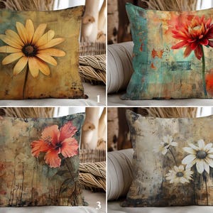 May include: Four decorative throw pillow covers with floral designs. Each pillow cover features a different flower, including a yellow daisy, a red flower, a pink hibiscus, and a white daisy. The pillow covers have a vintage, distressed look with a textured background.