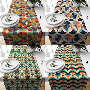 Retro Geometric Table Runner, Mid-Century Modern Table Covers, Vintage 70s Aesthetic Dining Table Decor, Art Nouveau Table Linen, Home Decor