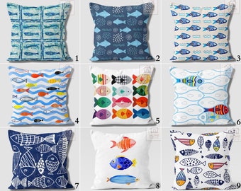 Nautical Outdoor Pillow Case, Fish Themed Pillow Cover, Decorative Pillows, Fish Restaurant Pillow, Pillow for Beach House,  Coastal Decor