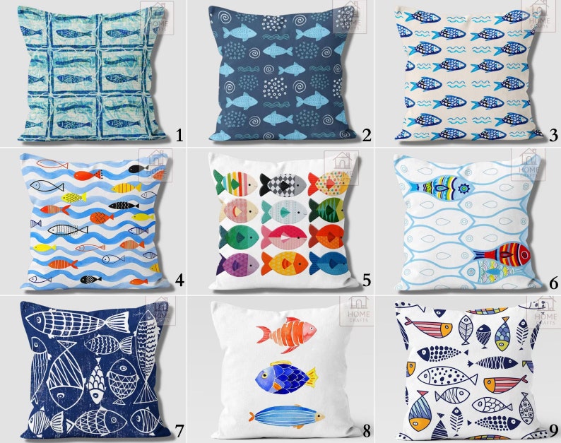 Nautical Outdoor Pillow Case, Fish Themed Pillow Cover, Decorative Pillows, Fish Restaurant Pillow, Pillow for Beach House, Coastal Decor image 1