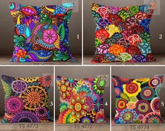 Vibrante funda de almohada de colores brillantes, tapa de almohada floral mágica, bordado de diamantes Mandala flores mosaico imagen de cojín de pedrería