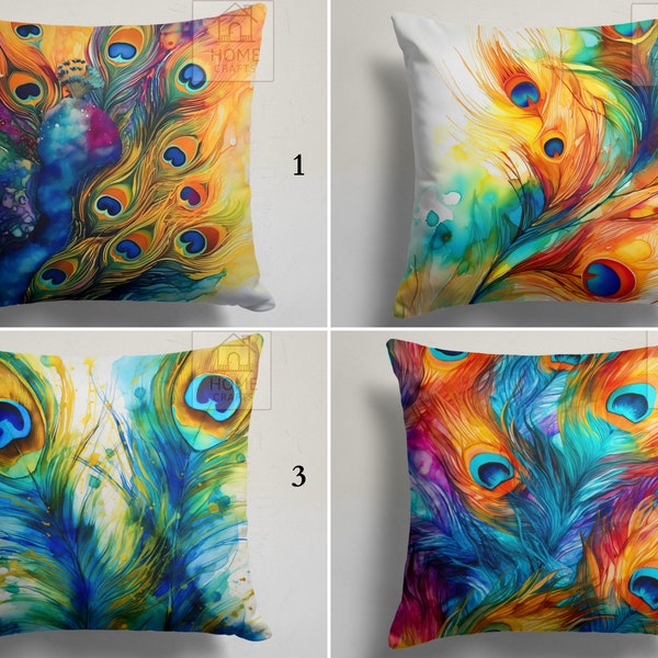 Colorful Peacock Feather Pillowcases, Vibrant Peacock Feathers Cushion Case, Exotic Couch Pillow Covers, Unique Decorative Throw Pillow Sham