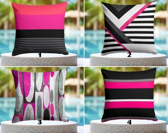 OUTDOOR Geometric Pillow Protector, Fuchsia Black Gray White Stripes Pillowcase, Water Resistant Modern Art Pillow, Waterproof Cushion Cover