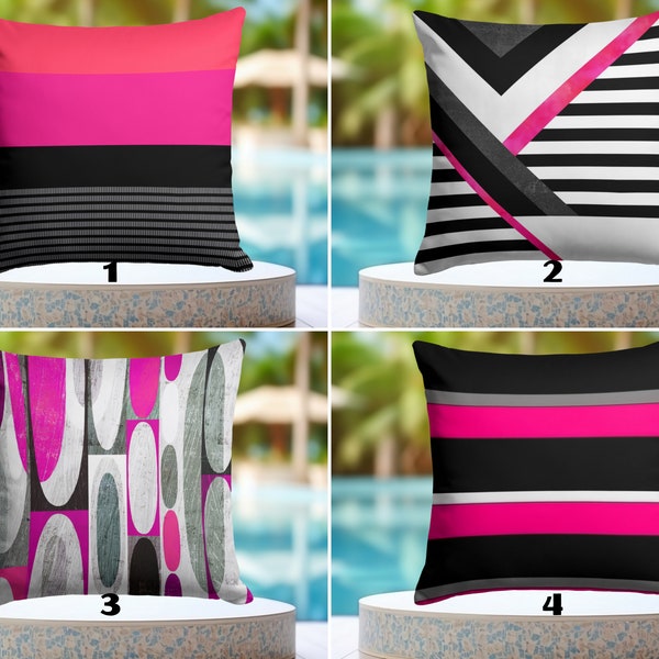 OUTDOOR Geometric Pillow Protector, Fuchsia Black Gray White Stripes Pillowcase, Water Resistant Modern Art Pillow, Waterproof Cushion Cover