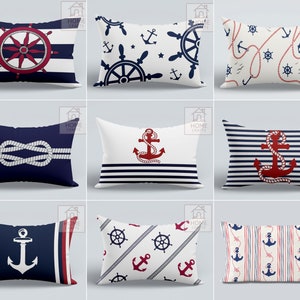 Nautical Lumbar Pillow Case, Sea Themed Cushion Covers, Anchor Pillow Sham, Beach House Pillow Top, Rope and Knot Pillow, Yacht Gift Ideas