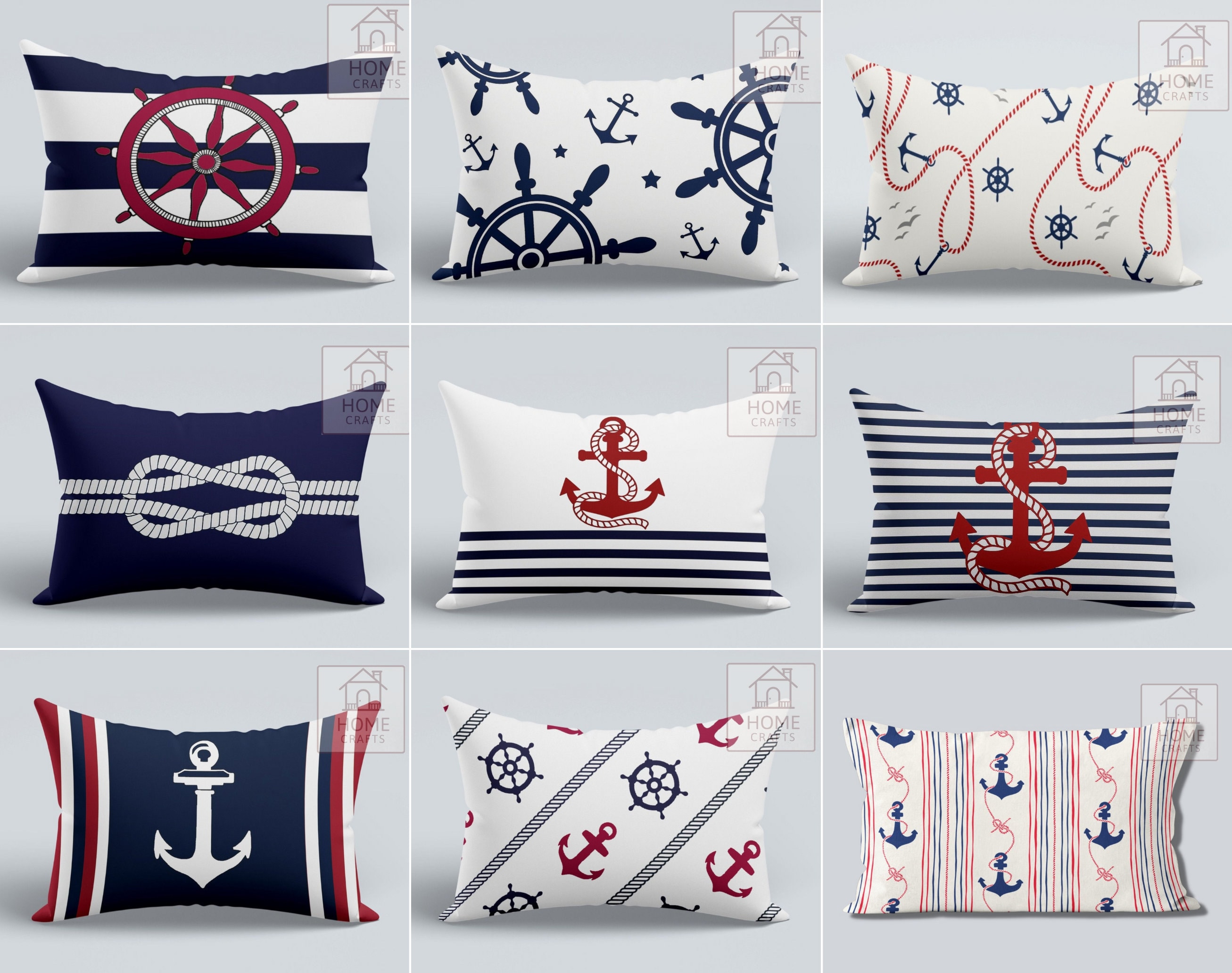 Nautical Lumbar Pillow Case, Sea Themed Cushion Covers, Anchor Pillow Sham, Beach House Pillow Top, Rope and Knot Pillow, Yacht Gift Ideas
