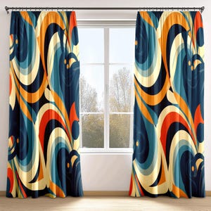 Retro Geometric Swirls Pattern Curtain, Mid Century Modern Curtain, Abstract Art Drape, Vintage Boho Window Treatment, Living Room Curtain