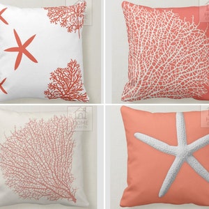 Coral Pillow Cover, Sea Life Throw Pillow Case, Starfish Outdoor Cushion Cover, Beach House Pillow, Coral Cushion 16x16, 18x18, 20x20, 24x24