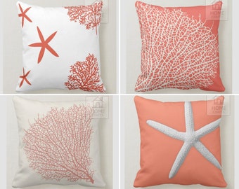 Coral Pillow Cover, Sea Life Throw Pillow Case, Starfish Outdoor Cushion Cover, Beach House Pillow, Coral Cushion 16x16, 18x18, 20x20, 24x24