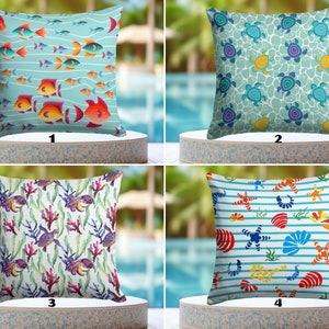 OUTDOOR Sea Life Pillow Slipcover, Sea Animals Throw Pillow Cover, Sea Turtle Cushion Cover, Fish Waterproof Cushion Case, Yacht Decoration