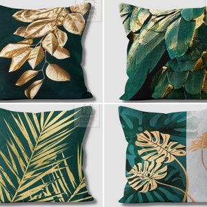 Taie d'oreiller émeraude, housse de coussin feuilles vertes et jaunes, coussin vert et gris, coussin plante tropicale, coussin décoratif pour canapé, décoration d'intérieur