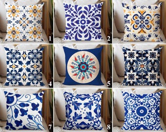 Mediterranean Blue Tile Pillow Cover, Indigo Porcelain Moroccan Art