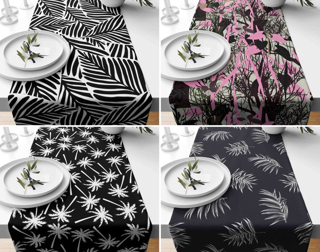 Palm Tree Table Runner, Palm Tree Leaves Kitchen Runner, Black Color