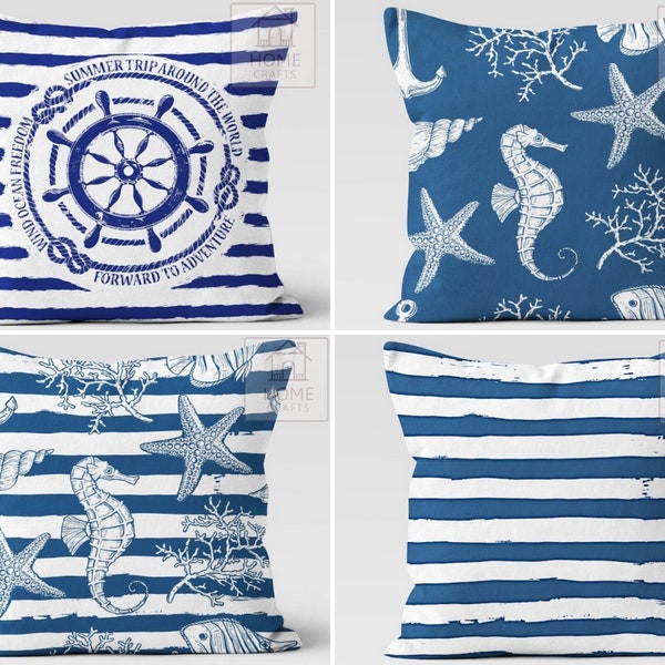 Seahorse Printing Pillow Case, Striped Starfish Cushion Case, Patio Cushion Cover, Ocean & Beach Pillows, Seaweed Cushion 16x16 18x18 20x20