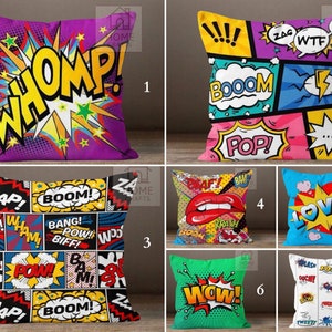 Poszewka na poduszkę z motywem komiksowych bąbelków, poszewka na poduszkę w stylu pop-art, zabawna poszewka na poduszkę, poduszka dekoracyjna w stylu retro, poduszka z nadrukiem Boom Love Whomp Pop Wow