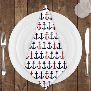 Sea Napkin, Anchor Pattern Napkin, Red & Blue Color Anchor Design Napkin, New Yacht Table Decor, Wedding Gift, Modern Coastal Dinner Napkin