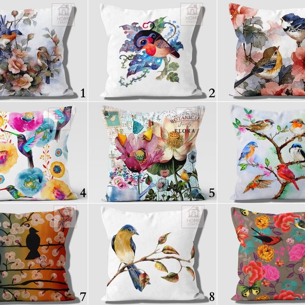 Bird Design Cushion Cover, Butterfly Pattern Pillow Topper, Flower Style Pillow Sham, Tree Branch Pillow Case, Floral Pillow Covers