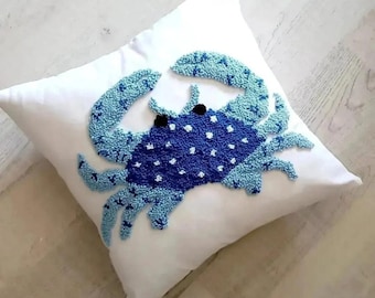 Crab Punch Pillow Covers, Krabbe Punch Needle Throw Pillow Case, Beach House Punch Cushion Case, Marine Punch Cushion, Embroidery Pillow Top