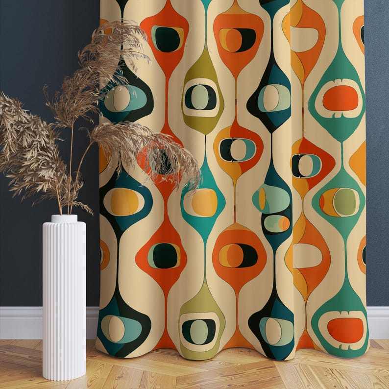 Mid Century Modern Retro Curtains - Colorful Geometric Abstract Drapes - Vintage Style Window Valance image 4