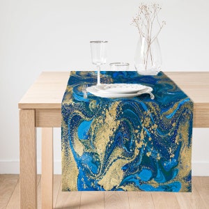 Blue Gold Marble Table Runner, Marble Print Table Cover, Modern Design ...