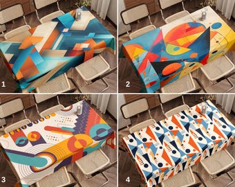 Geometric Tablecloth, Mid Century Modern, Cotton Polyester Blend