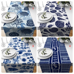 Nautical Table Runner, Fish Table Top, Decorative Table Cover, Navy Blue Tablecloth, Seahorse Print Table Decor, Seaweed Runner, Home Decor