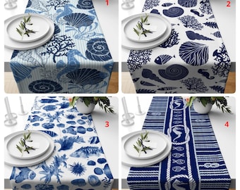 Nautical Table Runner, Navy Blue Seahorse Print, Coastal Decor