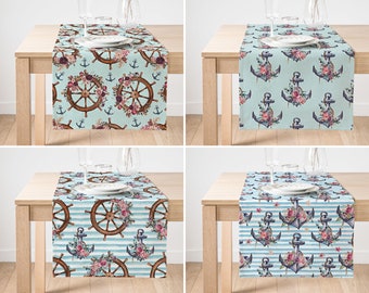 Ship Wheel Table Runner, Nautical Striped Table Cover, Light Blue Kitchen Runner, Anchor Flower Table Top, Patio Table Decor, House Gifts