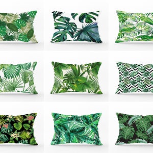 Tropical Lumbar Pillowcase, Palm Leaves Cushion Cover, Palms Lumbar Pillow Cover, Outdoor Palm Leaf Cushion Cases, Green Leaf Pillow Sham