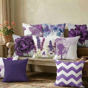 Federa per cuscino con fiori viola, federa per cuscino con lavanda e tarassaco, decorazione da giardino con peonie viola