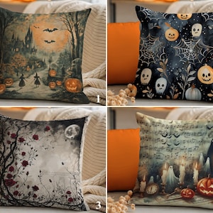 Halloween Decorative Pillow Covers, Creepy Witches, Ghosts, Pumpkins & Gothic Floral Design Pillow Sham, Spooky Autumn Throw Cushion Covers