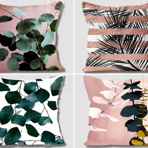 Greenery Garden Pillow Cover, Green Leaves Pillow Cover, Pink Floral Cushion Case, Decorative Pillow Case, Green and White Pillow
