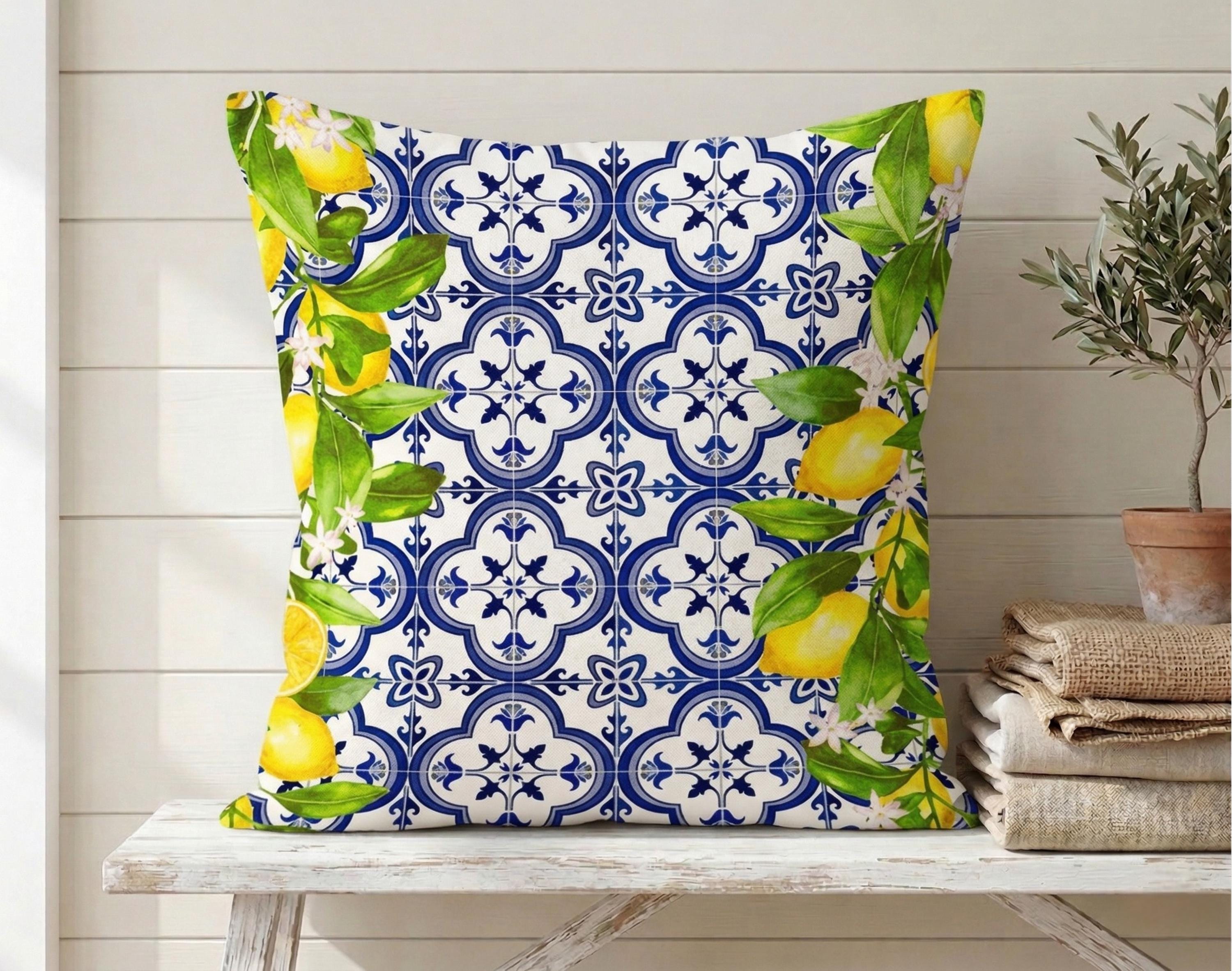 Federa per cuscino con motivo a piastrelle di limone: decorazione della Costiera Amalfitana italiana - Italia
