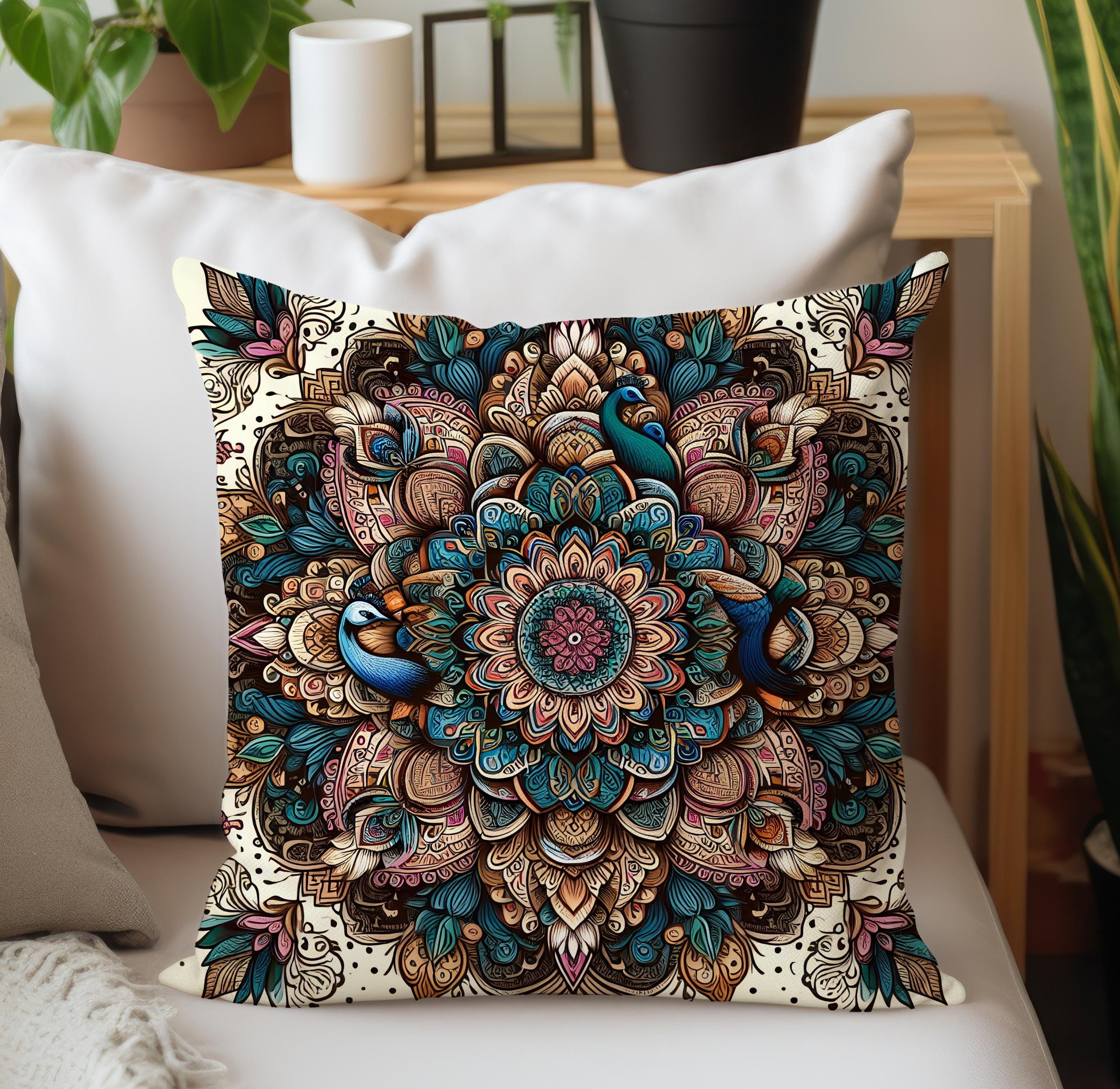 35" Indian Blue Peacock Mandala Square Floor Pillow Case – Cushion Cover, Dog Bed