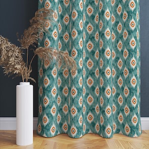 Boho Eye Design Curtain, Ikat Pattern Curtain, Tribal Dot Motif Window Treatment, Abstract Geometric Style Fabric, Rustic Bedroom Curtain