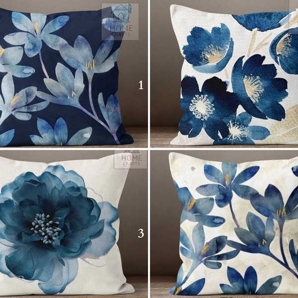 Dark Blue Flower Couch Pillow Cases, Decorative Trendy Cushion Case, Floral Sofa Decor Covers, Premium Quality Pillows, Elegant Home Design