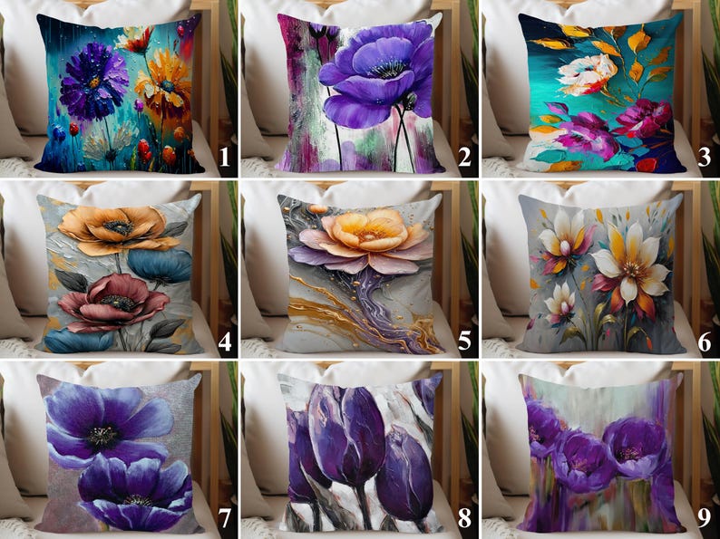 Purple Floral Pillow Cover, Decorative Throw Cushion image 1