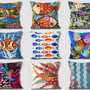 Fish Outdoor Pillow Cover, Sea Decor Pillow, Sea Life Pillow, Coastal Cushion Cover, Oceanic Throw Pillow, Beach House Pillow Case